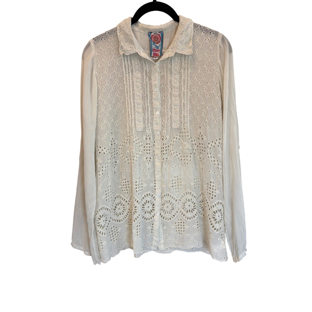 Johnny Was White Eyelet Embroidered Button Down‎ Blouse Cupra Rayon Boho Top S